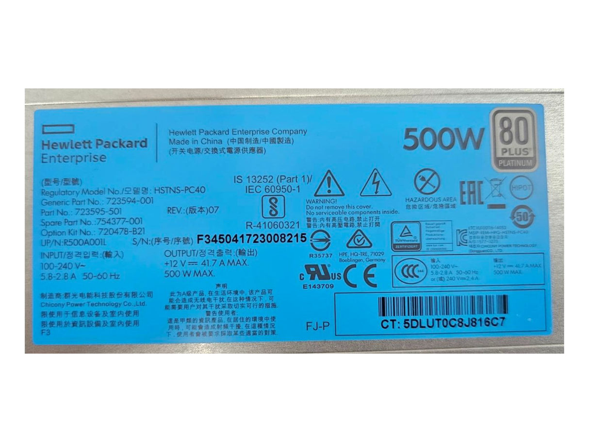 HSTNS-PC40 500W 80 Plus Power Supply 723595-501 723594-001 754377-001