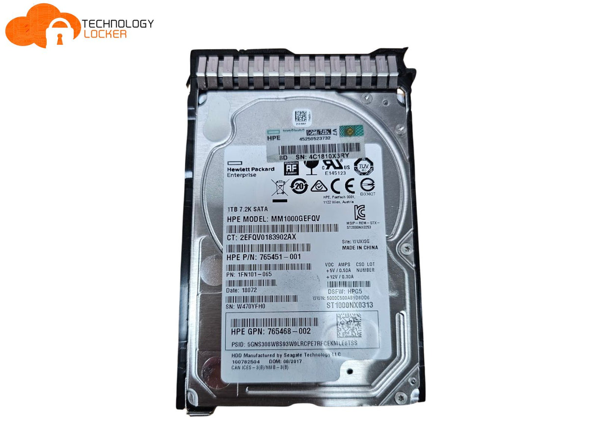 HP HPE 765451-001 1TB 7.2K 2.5" SATA Hard Drive MM1000GEFQV 1FN101-065 Caddy