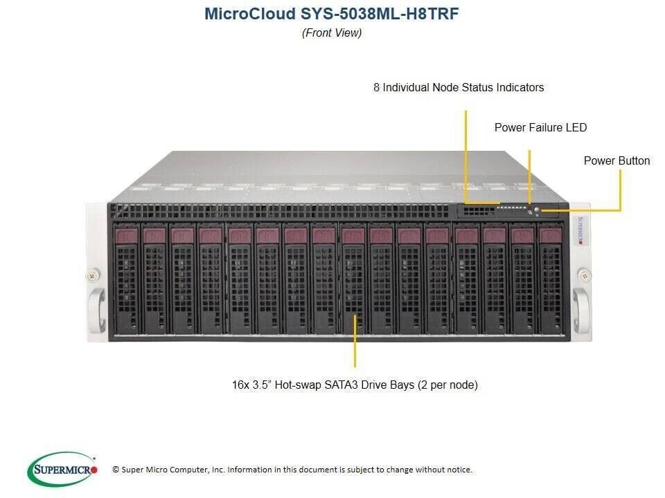 Supermicro SYS-5038ML-H8TRF 8x X10SLD-F MB Xeon E3-1220v3 64GB RAM 16x 480GB SSD