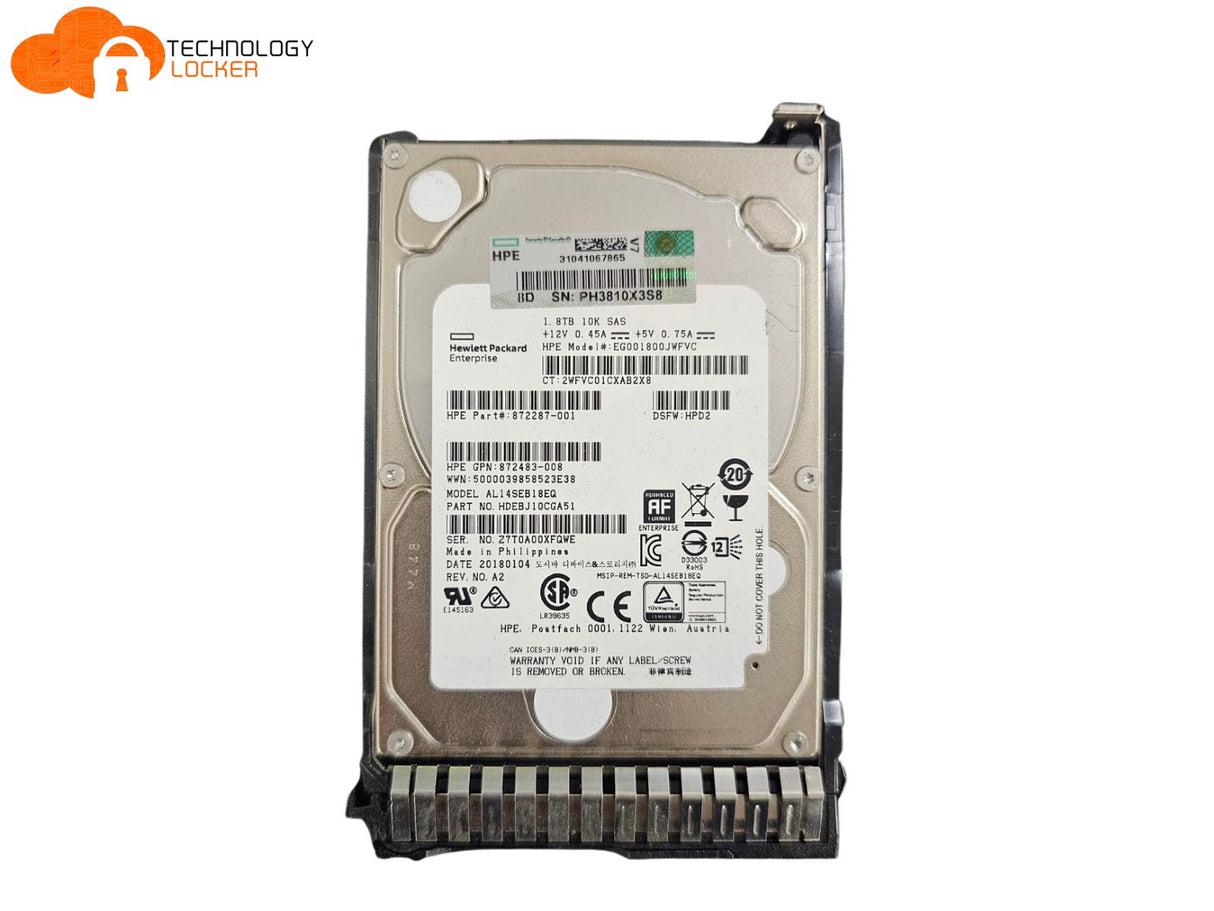 HPE 1.8TB 10K 2.5" SAS Hard Drive 872287-001 872483-008 EG001800JWFVC Caddy